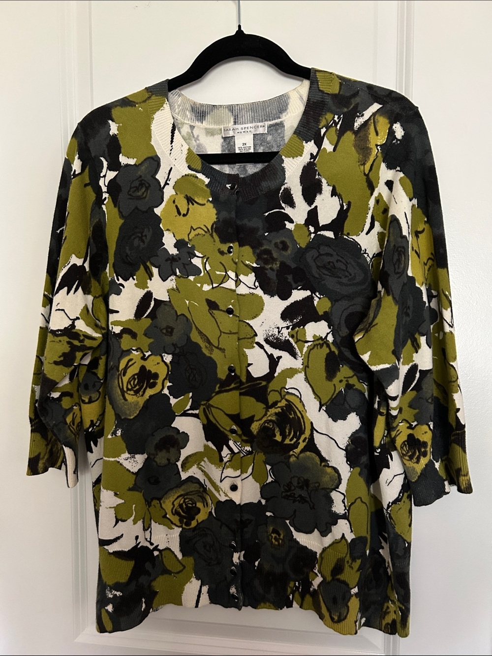 Sarah Spencer Floral Button-Up Cardigan in Olive, Gray, and White